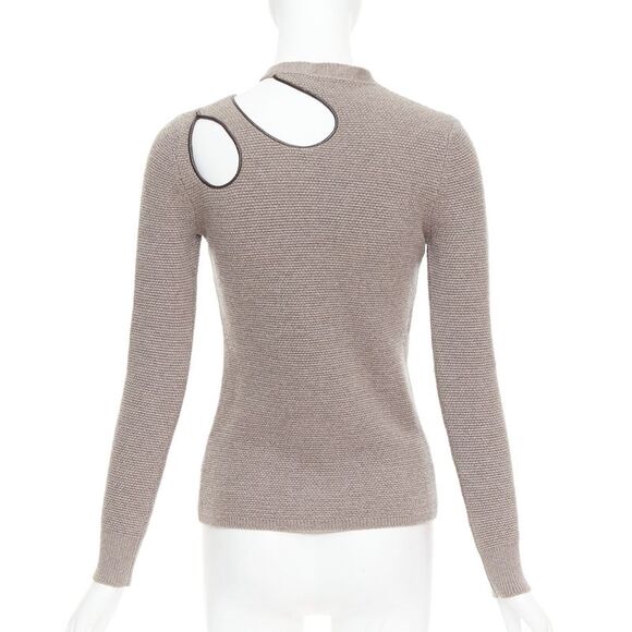 Tom Ford Sweaters - TOM FORD taupe fleece wool blend cut out leather collar sweater S